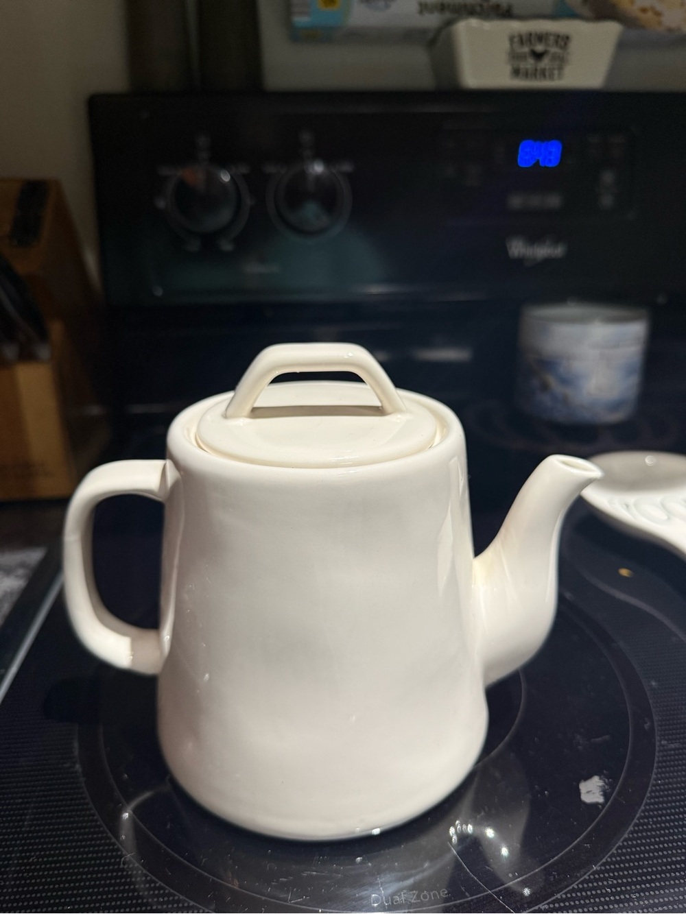 White Ceramic Tea Canister with Wood Lid, Tea mug, Teapot, honey w/ wood spoon. - Picture 13 of 16